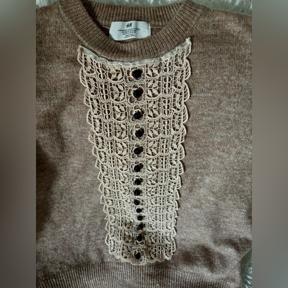 H&M Tan Cottage Core Lace Bib Trim Black Buttons S/S Ruffle Sweater Small - Picture 4 of 6